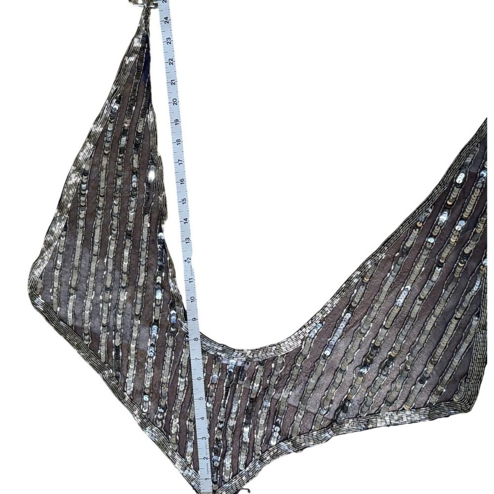 Blue Mesh Silver Sequin Glass Beaded Triangle Shawl Wrap Fringe 23" - Picture 3 of 11